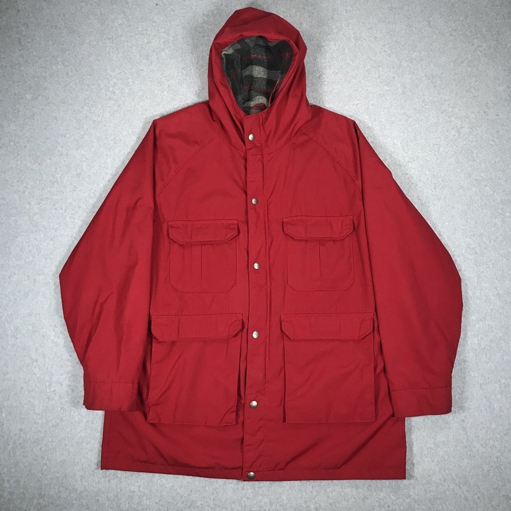 Vintage Fieldmaster Jacket Parka Mens XL Red Plaid Lined Hooded Cargo Pocket